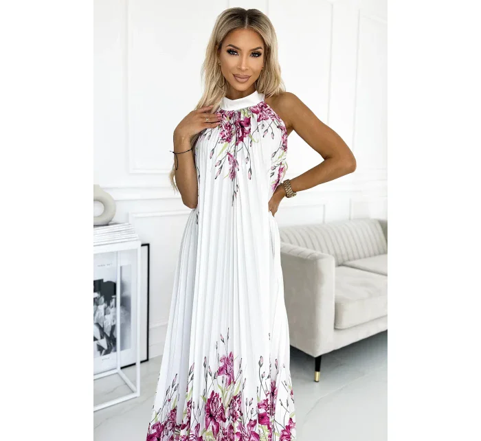 456-2 ESTER Plisované saténové maxi šaty - BÍLÉ S RŮŽOVÝMI KVĚTY