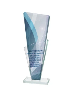 Skleněná trofej s barevným potiskem LuxorJet, gravírováním a inkoustovou výplní