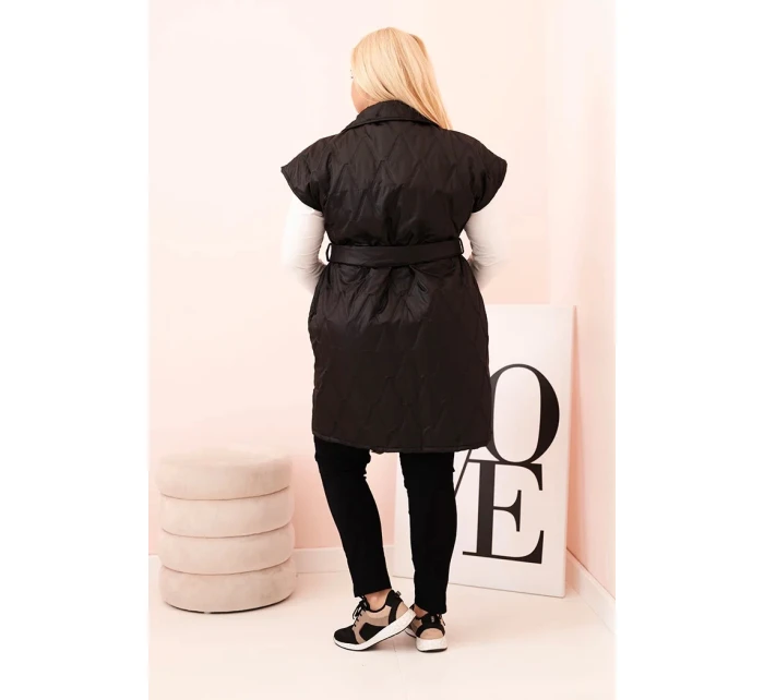 Dámská vesta Plus Size prošívaná s páskem a límcem černá