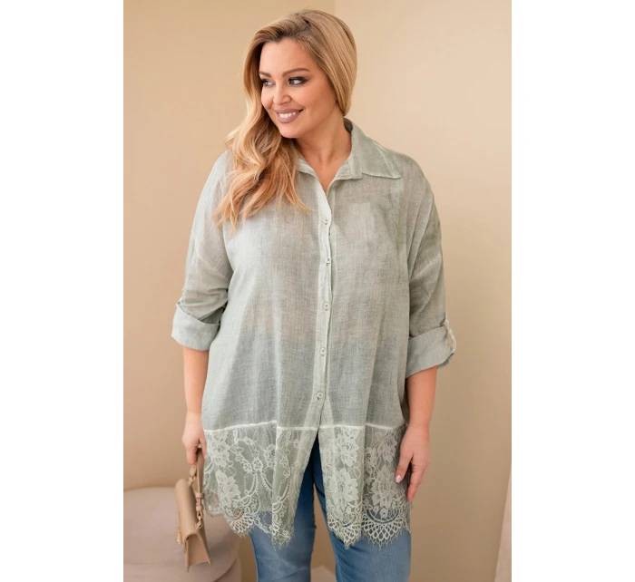Dámská košile Plus Size bavlněná s krajkovým zakončením khaki
