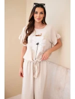 Dámský viskózový komplet s halenkou s potiskem a kalhotami béžový