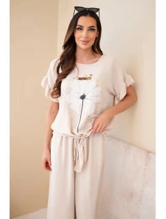 Dámský viskózový komplet s halenkou s potiskem a kalhotami béžový