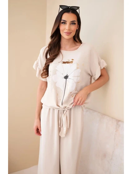 Dámský viskózový komplet s halenkou s potiskem a kalhotami béžový