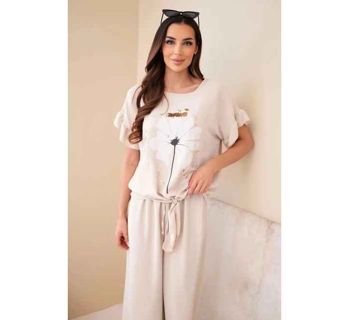 Dámský viskózový komplet s halenkou s potiskem a kalhotami béžový