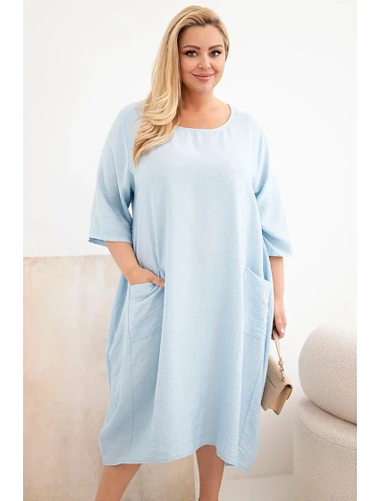 Dámské šaty Plus Size z viskózy s kapsami krátký rukáv modrá