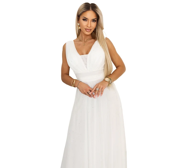 Dlouhé maxi šaty s a hlubokým výstřihem ecru barva model 22079727 - numoco basic Dlouhé maxi šaty s a hlubokým výstřihem ecru barva model 22079727 - numoco basic