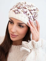 Dámská zimní čepice s barevnými vzory a silným nápletem K353 ecru+fialový