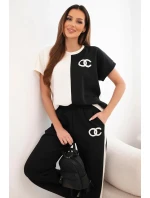 Dámský máslový komplet s oversize mikinou a širokými kalhotami ecru + černý