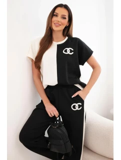 Dámský máslový komplet s oversize mikinou a širokými kalhotami ecru + černý