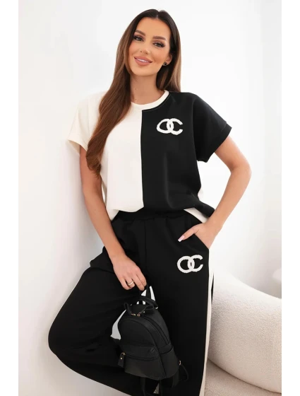 Dámský máslový komplet s oversize mikinou a širokými kalhotami ecru + černý