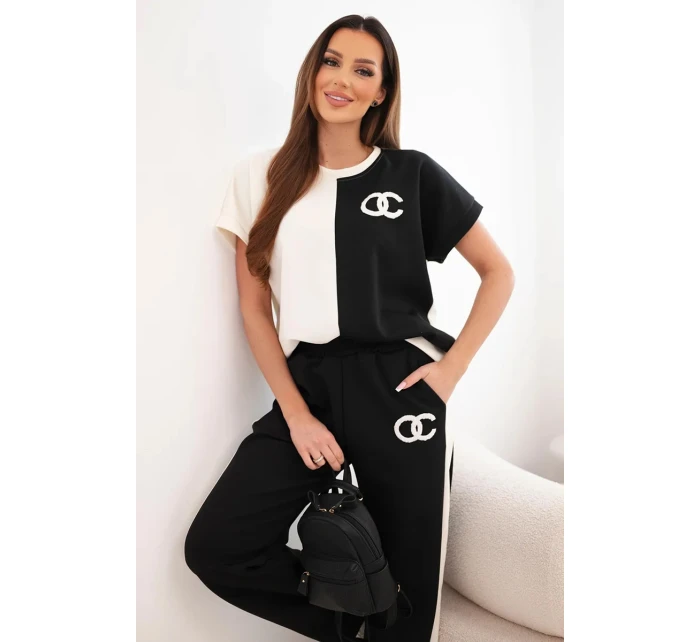 Dámský máslový komplet s oversize mikinou a širokými kalhotami ecru + černý