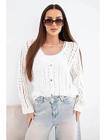 Dámský bavlněný ažurový svetr zapínaný na knoflíky s výstřihem do V bílý