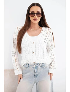 Dámský bavlněný ažurový svetr zapínaný na knoflíky s výstřihem do V bílý