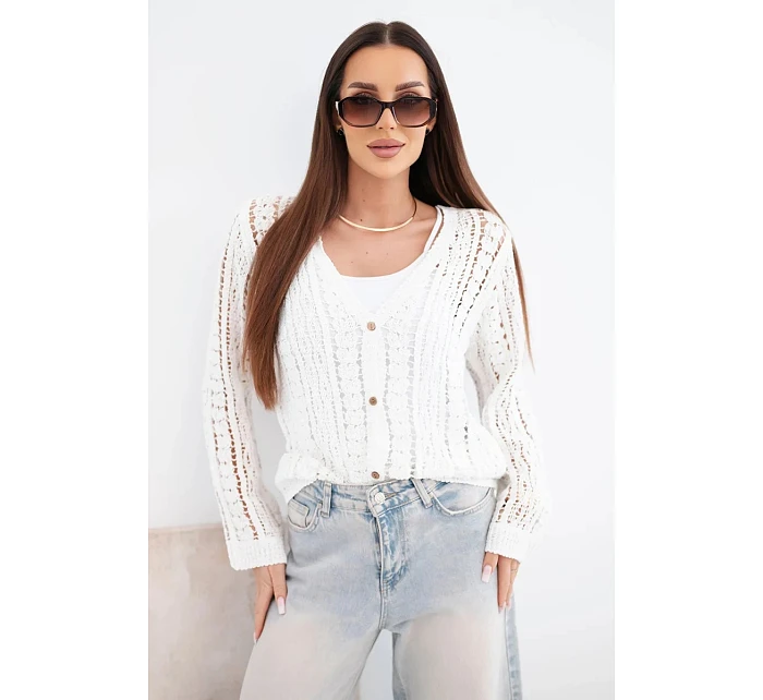 Dámský bavlněný ažurový svetr zapínaný na knoflíky s výstřihem do V bílý