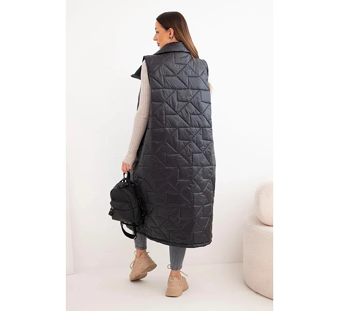 Dámská prošívaná dlouhá vesta s kapsami a se stojáčkem černá