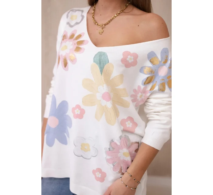 Svetrová halenka s barevnými květy žlutá+modrá