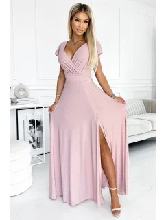 CRYSTAL Dlouhé lesklé dámské šaty ve špinavě růžové barvě s výstřihem model 18446663 - numoco