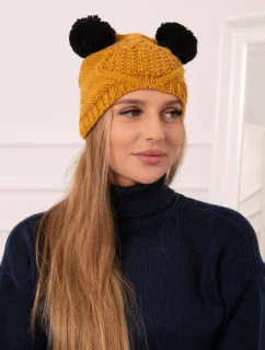 Fleecová čepice 2 bambulky K291 hořčice