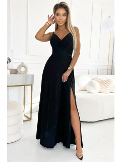 CHIARA Černé elegantní dlouhé dámské maxi šaty na ramínkách a s brokátem model 20507746 - numoco