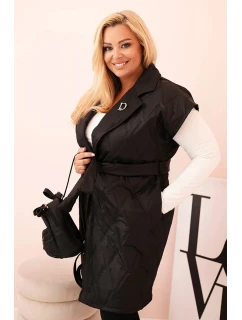 Dámská vesta Plus Size prošívaná s páskem a límcem černá