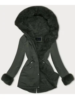 Krátká zimní bunda parka v army barvě s kožešinovou podšívkou model 21247290 - J.STYLE