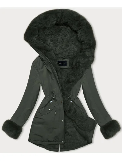 Krátká zimní bunda parka v army barvě s kožešinovou podšívkou model 21247290 - J.STYLE