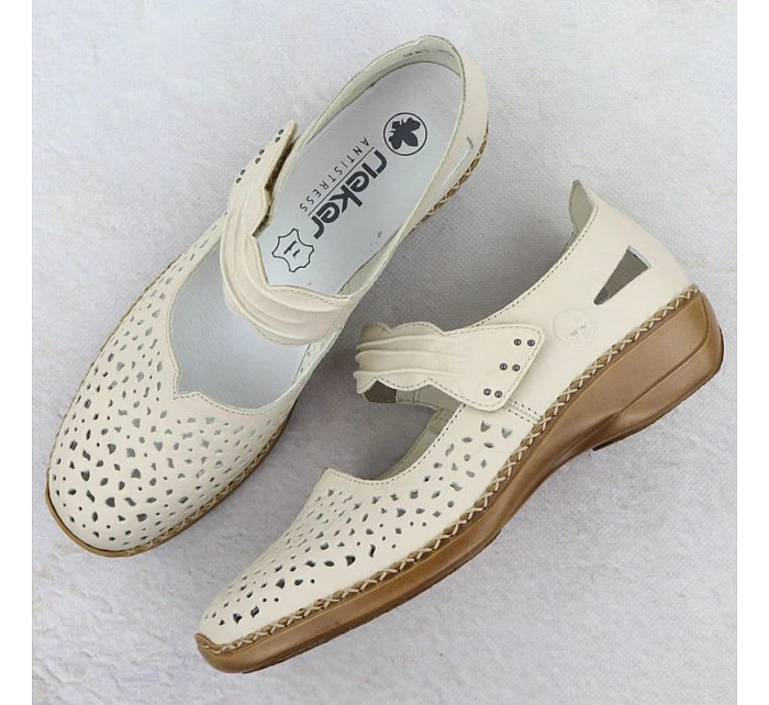 Dámská kožená prolamovaná obuv na suchý zip béžové barvy Rieker 41399-14