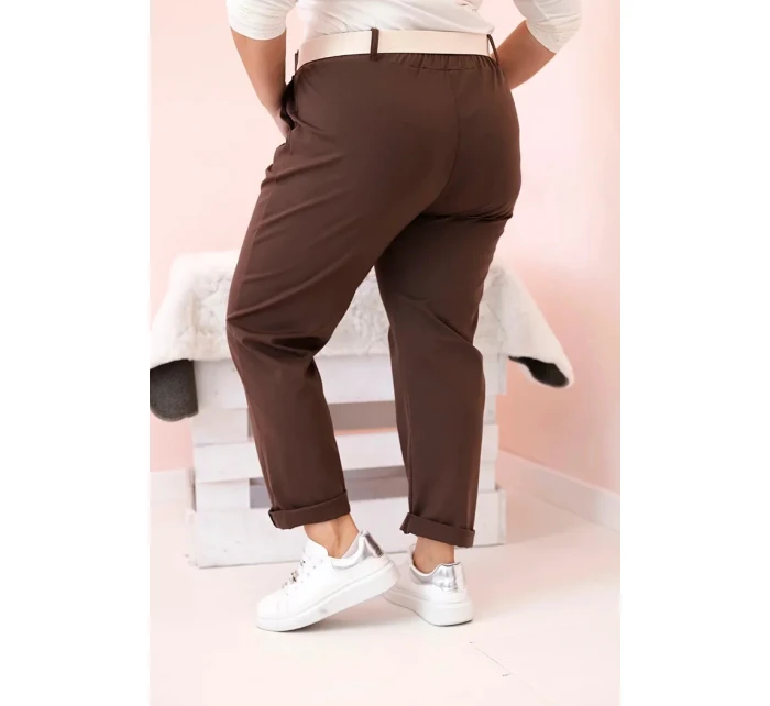 Dámské bavlněné kalhoty Plus Size s páskem hnědý Dámské bavlněné kalhoty Plus Size s páskem hnědý