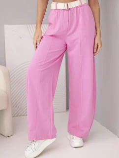 Dámské bavlněné kalhoty se širokou nohavicí a páskem cukrově růžová