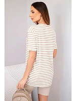 Dámský viskózový pruhovaný komplet s krátkým rukávem a šortkami béžový