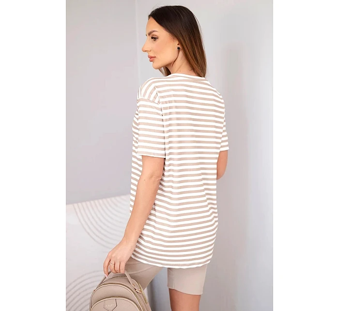 Dámský viskózový pruhovaný komplet s krátkým rukávem a šortkami béžový