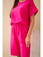 Dámský bavlněný komplet — tričko s krátkým rukávem a kraťasy s gumou v pase fuchsiová