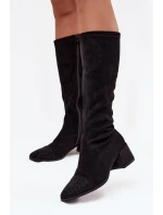 Dámské kozačky s ozdobou na hranatém podpatku Ivanna – černé Dámské kozačky s ozdobou na hranatém podpatku Ivanna – černé