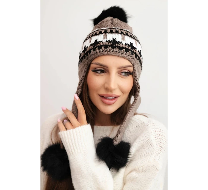 Dámská zimní vlnená čepice s ušnicemi a bambulkami K436 mocca Dámská zimní vlnená čepice s ušnicemi a bambulkami K436 mocca