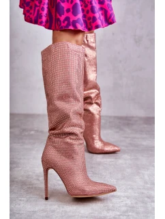 Módní kozačky na vysokém podpatku s kubickými zirkony model 21596914 - Boto