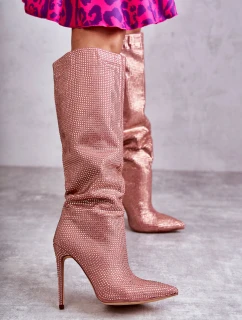 Módní kozačky na vysokém podpatku s kubickými zirkony růžove Lovisa