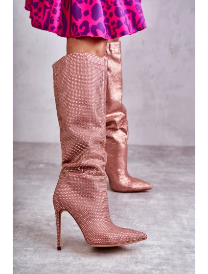 Módní kozačky na vysokém podpatku s kubickými zirkony model 21596914 - Boto