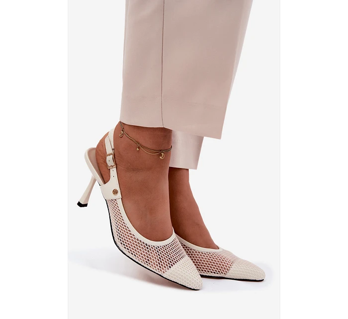 Kožené Síťované Sandály Lodičky Dámské Na Podpatku model 22123156 Světle Béžové - Maciejka