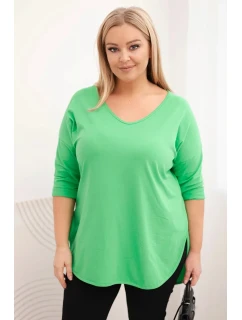 Dámská bavlněná blůza Plus Size s výstřihem do V a ohrnutým rukávem světle zelená