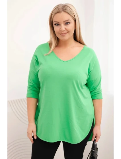 Dámská bavlněná blůza Plus Size s výstřihem do V a ohrnutým rukávem světle zelená Dámská bavlněná blůza Plus Size s výstřihem do V a ohrnutým rukávem světle zelená