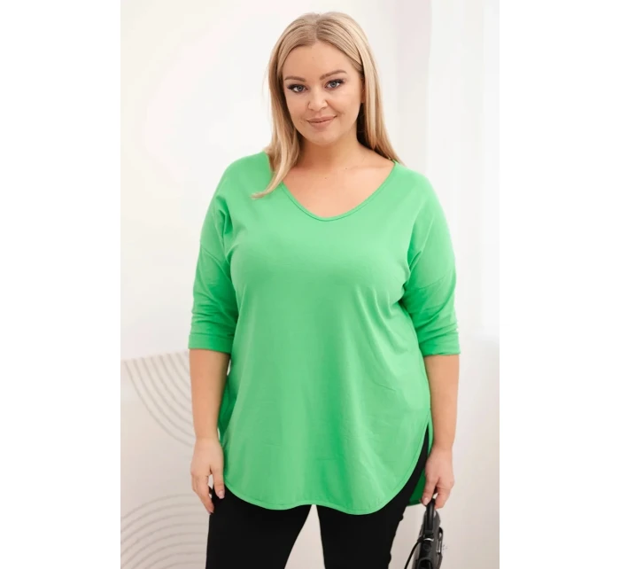 Dámská bavlněná blůza Plus Size s výstřihem do V a ohrnutým rukávem světle zelená Dámská bavlněná blůza Plus Size s výstřihem do V a ohrnutým rukávem světle zelená