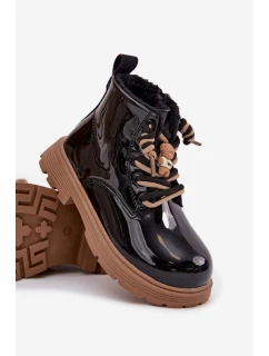 Dětské zateplené lakované kotníkové botky s medvídkovou připínkou – černé Jovellea