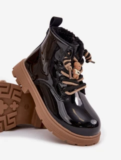 Dětské zateplené lakované kotníkové botky s medvídkovou připínkou – černé Jovellea