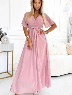 Dlouhé dámské šaty v pudrově růžové barvě s výstřihem a zavazováním model 21935867 - numoco basic
