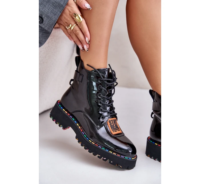 Lakované Botky Traperky Dámské Na Zip Kožené Artiker 55C0517 Černé