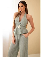 Dámský viskózový komplet – model 22079421 top a kalhoty se širokými nohavicemi khaki - K-Fashion