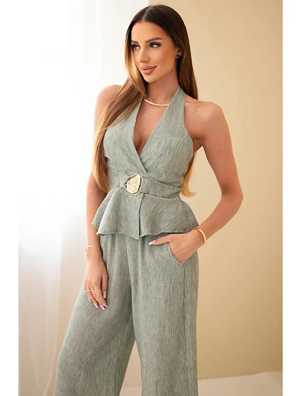 Dámský viskózový komplet – model 22079421 top a kalhoty se širokými nohavicemi khaki - K-Fashion
