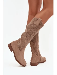 Dámské kozačky s na nízkém podpatku béžové model 21713453 - S.Barski