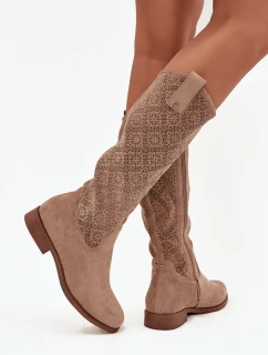 Dámské kozačky s perforací na nízkém podpatku S.Barski HY52-534 béžové