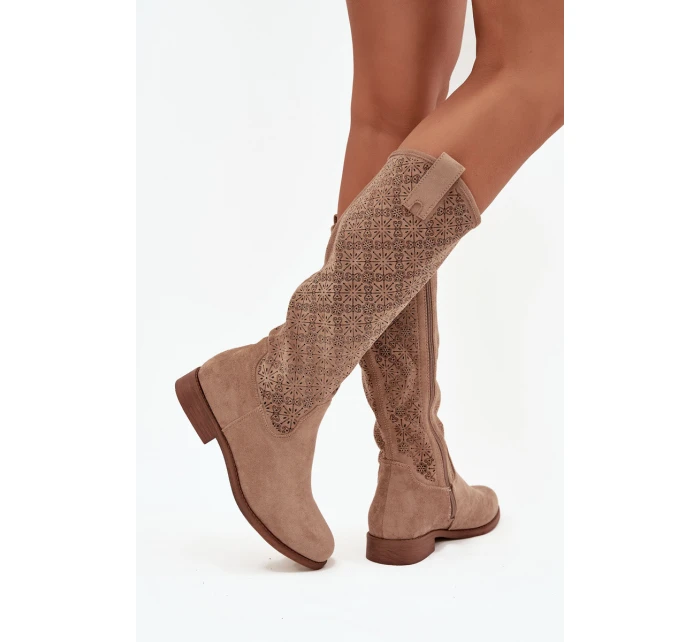 Dámské kozačky s na nízkém podpatku béžové model 21713453 - S.Barski Dámské kozačky s na nízkém podpatku béžové model 21713453 - S.Barski